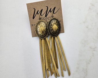 Mustard Leather Fringe Concho Earrings: Western Style