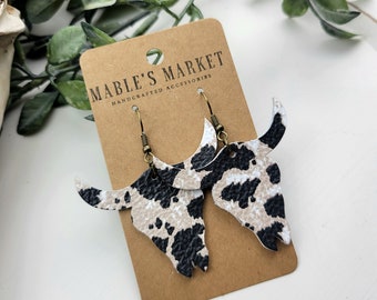 Mini Cow Print Steer Head Leather Earrings: Western Cowgirl Jewelry