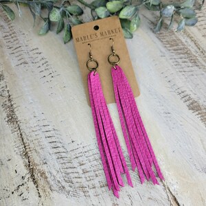 Hot Pink Deer Leather Fringe Earrings, Boho Western Tassel Jewelry
