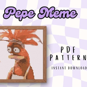 May include: A digital cross-stitch pattern featuring a red cartoon character with a spiky red mohawk, large eyes, and a beak. The pattern is titled "Pepe Meme" and is available as a PDF download.