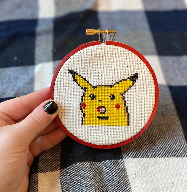 Hoop Cross Stitch Surprised Pikachu FINISHED 4\u201d Hoop