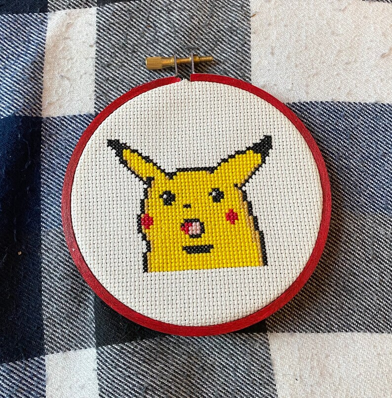 Hoop Cross Stitch Surprised Pikachu FINISHED 4\u201d Hoop