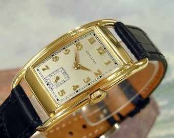Relógio Hamilton Sutton vintage de 1937, caixa curva de 42 mm de comprimento, mostrador prateado, revisado.