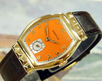 1950's Vintage BENRUS, Hooded LUGS, Stunning ORANGE Dial, Serviced & Warranty