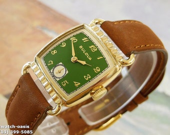 1951 Asas de bocina BULOVA vintage, impresionante esfera verde