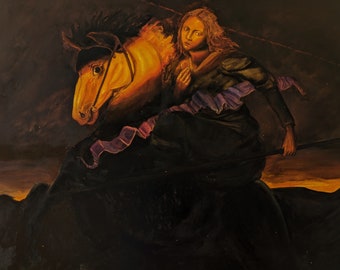 Peinture à l'huile originale - Cavalier de nuit - 39,3x31,8 pouces