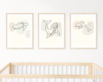 Impresiones de vivero de animales marinos / Conjunto de 3 animales del océano / Boho género neutral vivero pared arte impresiones / bebé animal tortuga marina, ballena, delfín
