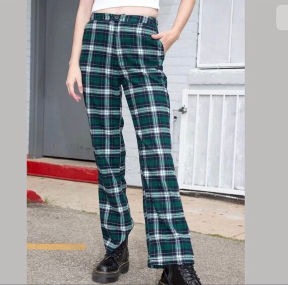 green and navy plaid pants