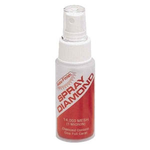 May include: A small, clear plastic bottle with a white spray nozzle. The bottle is labelled "Accu-Finish Spray Diamond 14,000 Mesh (1 Micron) Diamond Content: One Full Carat".