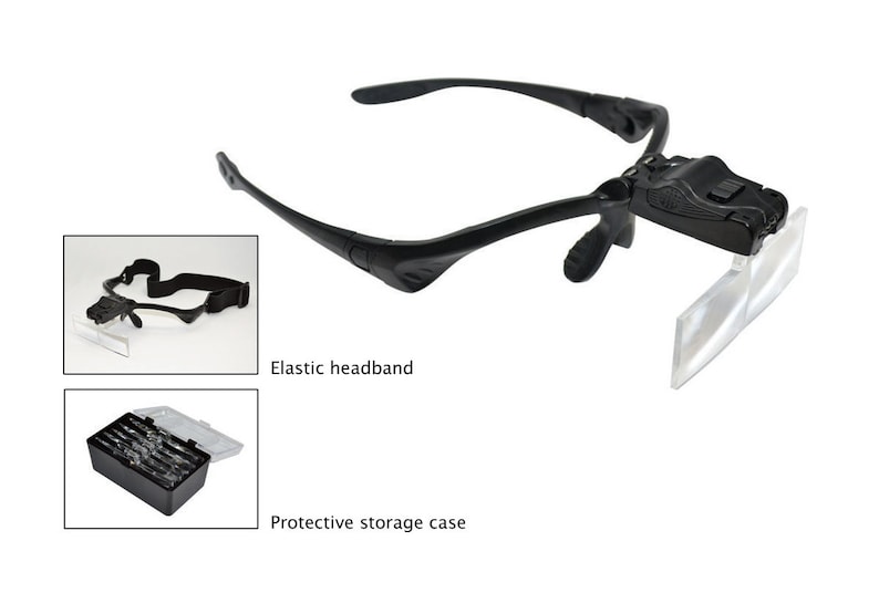 May include: Black magnifying glasses with a built-in LED light and an adjustable headband. The glasses come with a protective storage case.