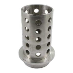 May include: A silver metal cylinder with a series of holes drilled into the side. The cylinder is sitting on a flat, circular base.