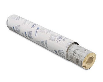May include: A roll of white, translucent, waterproof membrane material for building construction. The roll is labeled "Conwed" and is wrapped in a white paper with blue text.