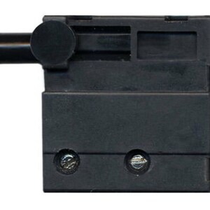 May include: Black plastic electrical switch with a black lever and two silver screws. The switch has a small black knob on the lever.