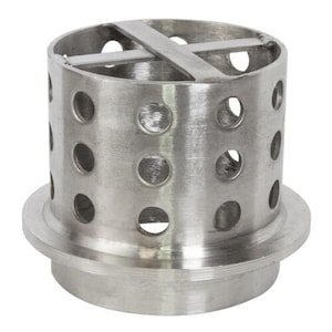 May include: A silver metal filter with a cylindrical shape and a base. The filter has a series of holes and a cross-shaped support structure inside.
