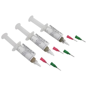 May include: Three syringes filled with silver solder paste, labeled with different solder types: Soft, Medium, and Hard. Each syringe has a red and green needle attached.