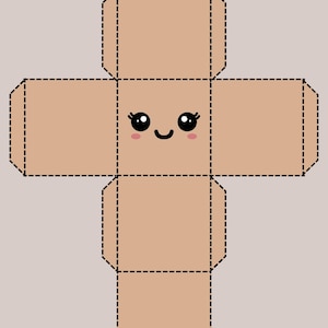 Op de afbeelding: Een platte, beige papieren sjabloon voor een kubusvormige doos, voorzien van stippellijnen voor vouwen en lipjes. Het centrale vierkant toont een schattig gezicht met grote zwarte ogen, wimpers, een glimlach en roze wangen. De tekst Squishy Box staat bovenaan.