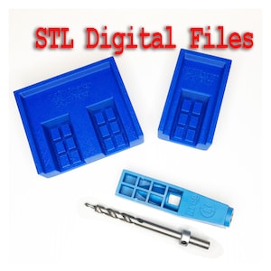 May include: Three blue plastic jigs for pocket hole joinery, including a drill guide, a jig for 2x4 lumber, and a jig for 1x4 lumber. The jigs are labeled "Pocket Hole Jig 2x4" and "Pocket Hole Jig 1x4". The drill guide is labeled "Kreg".