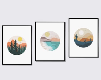 Set of 3 Textured Circle Illustrations, Forest, Beach, Desert, Boho Decor, Minimal Boho Decor, Abstract Landscape Art Print, Printable Art