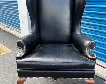 Elegant  Wingback Chair in Black Leather with Nailheads by Heritage Furniture