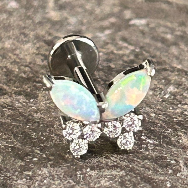 Simulated Opal Butterfly Stud Bar with Clear Gems  Internally thread Helix Tragus Earring Conch 16g Hypoallergenic Astm f136 Titanium