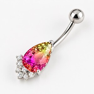 Pear Crystal Belly Bar CZ Prong Set Surgical Steel Navel Ring Rainbow Effect