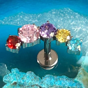Titanium Multi Colour Rainbow Gem Crescent Tragus Conch Helix Internally Thread Flat Back Stud Earring 16g Hypoallergenic
