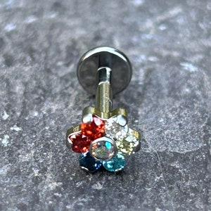 Stunning Rainbow Multi Colour Zircon Flower Tragus Helix Conch Cartilage Piercing Stud Bar Astm f136 Titanium Hypoallergenic 16g