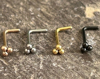 Cute Triple Trinity Ball Right Angle Nose Stud Steel 20g Gold Silver Rose Gold Black