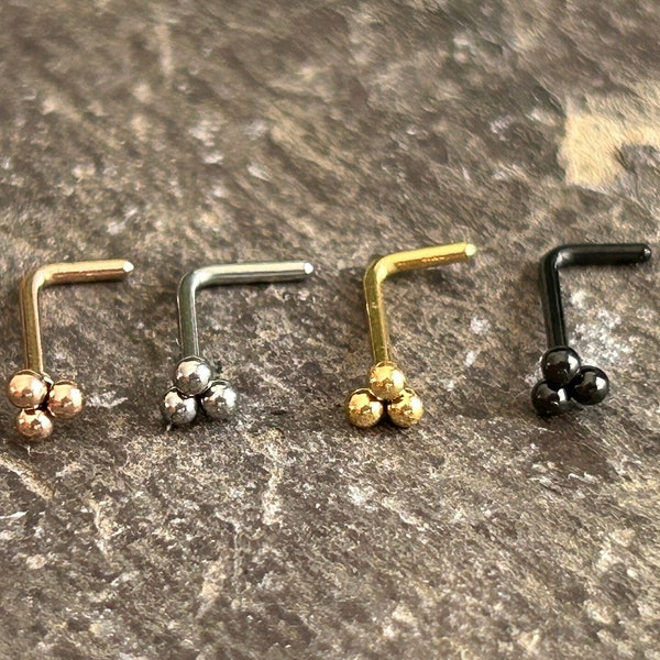 Cute Triple Trinity Ball Right Angle Nose Stud Steel 20g Gold Silver Rose Gold Black