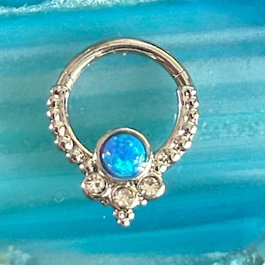 Drop Blue Opal CZ Gem Steel Hinged Segment Ring Septum Clicker Nose Ear Cartilage Hoop 16g