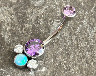 Opal CZ Gem Belly Bar Internally Threaded Navel Barbell Titanium Hypoallergenic