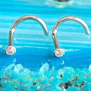Gem Nose Hook Stud Rainbow Clear Titanium  Hypoallergenic Petite CZ 20g 18g