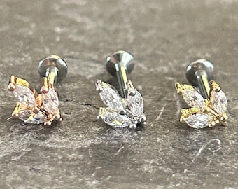 Gem Marquise Leaf Helix Tragus Stud Push fit 316L Surgical Steel Flat Back Cartilage Conch Labret Monroe Bar Gold Silver Rose