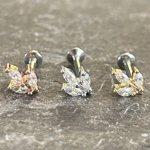 Gem Marquise Leaf Helix Tragus Stud Push fit 316L Surgical Steel Flat Back Cartilage Conch Labret Monroe Bar Gold Silver Rose