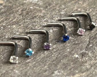 Set of 6 CZ Gem Right angle Nose Studs Surgical Steel Clear Blue Pink Purple Black Aqua Pack
