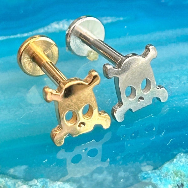 Skull & Crossbones Internally Thread Tragus Helix Conch Piercing Bar Stud Silver Gold 16g