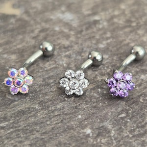 Gem Flower Eyebrow Barbell Curved Internally Threaded Prong Set Ring Daith Rook Cartilage Lip Stud Titanium