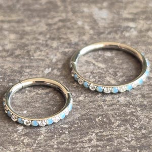Turquoise & Clear CZ Gem Edge Hinged Segment Ring Titanium Septum Clicker Hoop Tragus Rook Daith Cartilage Hypoallergenic 16g