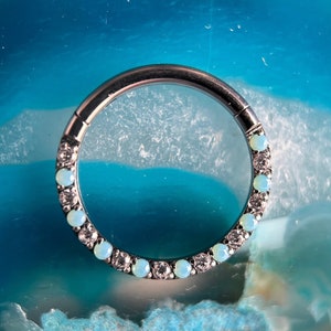 Hinged Segment Ring Titanium Turquoise & Clear CZ Gem Paved Front Face Septum Clicker Hoop Tragus Rook Daith Cartilage Hypoallergenic 16g
