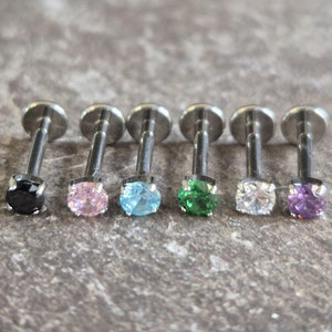 Round Gem Tragus Helix Stud Implant Grade Titanium Internally Thread Prong Set Conch Cartilage Lip Labret Philtrum Bar Hypoallergenic 16g