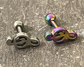 Musical Note Treble Clef Cartilage Stud Tragus Helix Upper Ear Bar Silver Rainbow