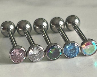 Gem Push Fit Tongue Bar Barbell Implant Grade Titanium 14g Clear Rainbow Pink Blue Threadless