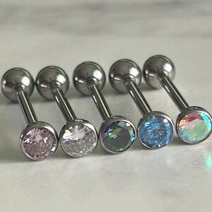 Aurora Borealis CZ Tongue Ring – 14g, 16mm, Surgical Steel, Clear Epoxy Cover