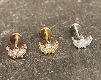 Triple CZ Gem Marquise Internally Threaded 316L Surgical Steel Flat Back Stud Cartilage Helix Conch Labret Monroe Bar