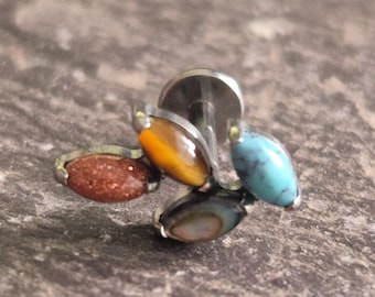 Leaf Turquoise Tiger Eye Stud Bar Earring Conch Helix Tragus Cartilage Titanium Internally Thread 16g
