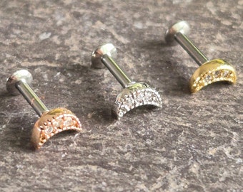 Gem Half Moon Tragus Conch Helix Tragus Cartilage Bar Earring Stud 16g Internally Threaded