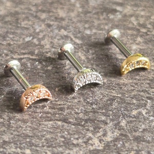 Gem Half Moon Tragus Conch Helix Tragus Cartilage Bar Earring Stud 16g Internally Threaded