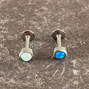 Implant Grade Titanium Internally Threaded Bezel Opal Top Cartilage Stud Helix Conch Tragus Labret Bar 16g