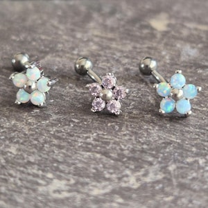 Opal Gem Flower Eyebrow Barbell Curved Internally Threaded Ring Daith Rook Cartilage Lip Stud ASTM F136 Titanium