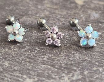 Opal Flower Titanium Eyebrow Ring: Internally Threaded Barbell